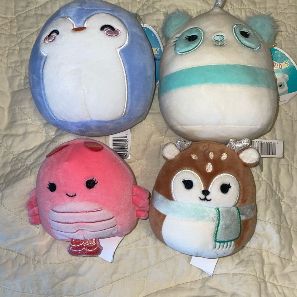 Set of 4 Squashmallows Inez, Simone the Shrimp, Dawn the Fawn, Helca The Penguin